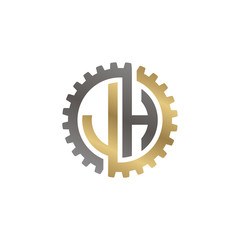 Initial letter J and H, JH, interlock cogwheel gear logo, black gold on white background