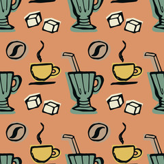 Drinking coffee, tea seamless pattern on an orange background. Hand drawn doodle vector illustration retro style.