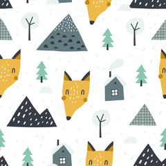 Childish seamless pattern with winter forest, mountain and fox. Good for kids fabric, textile, nursery wallpaper. Seamless landscape. Winter landscape.