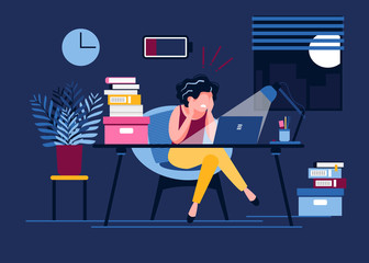 An exhausted woman works in the office until late with a discharged battery. Female office worker stayed at work until night. Stress, depression at work. Vector illustration. Workplace burnout concept