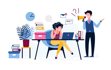 Angry boss yells into a megaphone at his unhappy employee. He is dissatisfied with the work of the employee. Stress, problems and depression at work. Vector illustration. Workplace burnout concept.