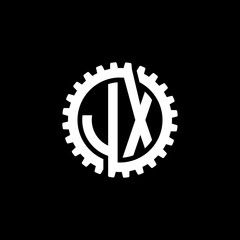 Initial letter J and X, JX, interlock cogwheel gear monogram logo, white color on black background