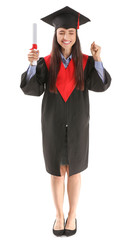 Happy female graduate with diploma on white background