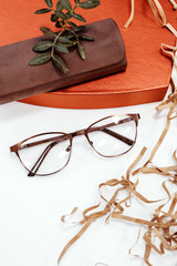 Glasses and case. Concept on September 1, beginning of studies, protection of eyes from harmful effects.