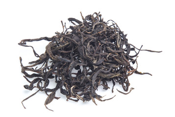 Dry tea leaves isolated on white background.top view
