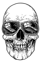 A cool human skeleton skull wearing sunglasses or shades