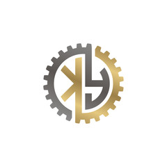 Initial letter K and Y, KY, interlock cogwheel gear logo, black gold on white background