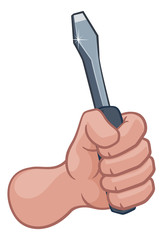 An electrician or handyman cartoon hand in a fist holding a screwdriver