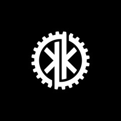 Initial letter K and K, KK, interlock cogwheel gear monogram logo, white color on black background