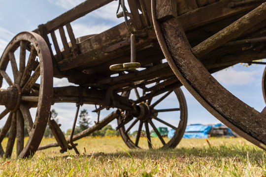 old horse cart stands on the field