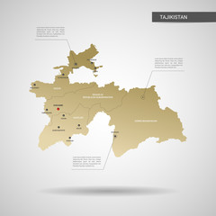 Stylized vector Tajikistan map.  Infographic 3d gold map illustration with cities, borders, capital, administrative divisions and pointer marks, shadow; gradient background. 