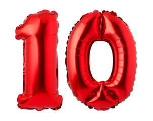 Number 10 of red foil balloon isolated on a white background