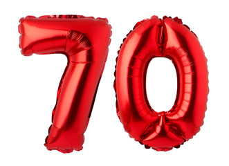 Number 70 of red foil balloon isolated on a white background