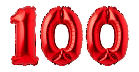 Number 100 of red balloons isolated on a white background