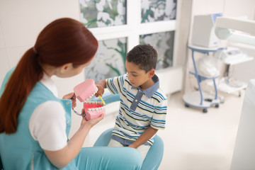 Dentist holding teeth model while boy using tooth brush