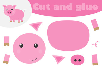 Obraz na płótnie Canvas Pig in cartoon style, education game for the development of preschool children, use scissors and glue to create the applique, cut parts of the image and glue on the paper, vector illustration