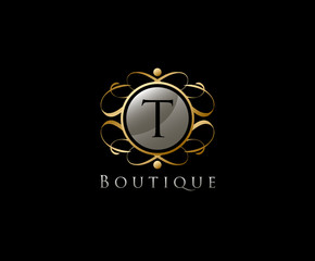 Royal Boutique Letter T Logo Icon in Gold Color.