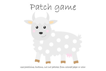 Obraz premium Education Patch game goat for children to develop motor skills, use plasticine patches, buttons, colored paper or color the page, kids preschool activity, printable worksheet, vector illustration