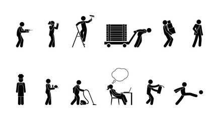 professional activity icon, pictogram of people of various professions at work, stick figure man, silhouettes set