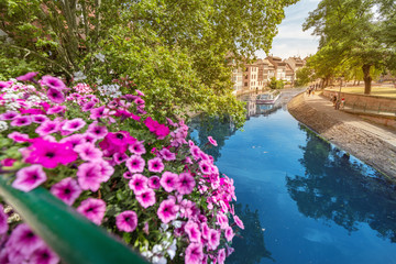 Colorful and fabulous landscape with decorative flowers and the river Ill and half-timbered houses...