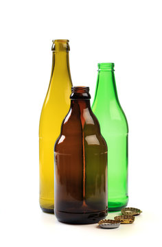set of empty beer bottles on  white background - Image