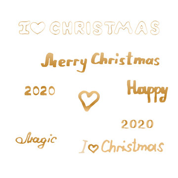 Fototapeta New Year and Christmas handwritten inscriptions and a heart in gold gradient. Lettering - Merry Christmas, I love christmas, 2020, happy, Magic. EPS8 vector illustration