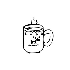 The single cup with tea, coffee, drink. New Year and Christmas hand-drawn cup with elk. Doodle Xmas scandinavian illustration for winter posters, stickers, cards design. Isolate, EPS8 vector