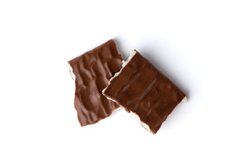 Chocolate bar with coconut filling isolated on white background.