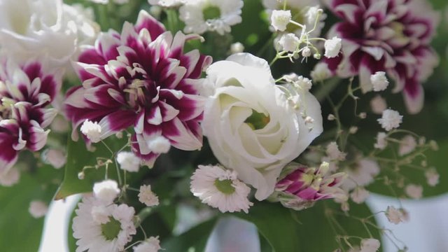 Close up White roses and lilac flowers . Wedding Fresh bouquet. Summer Background Video HD