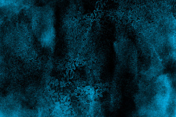 Creative lightning night sky and thunder background. Aquarelle painted ink canvas, cosmic card template for modern design. Deep dark glowing blue neon watercolor on black paper illustration