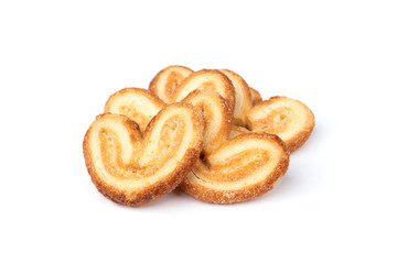 Palmier cookies or puff pastry ears isolated on white background.