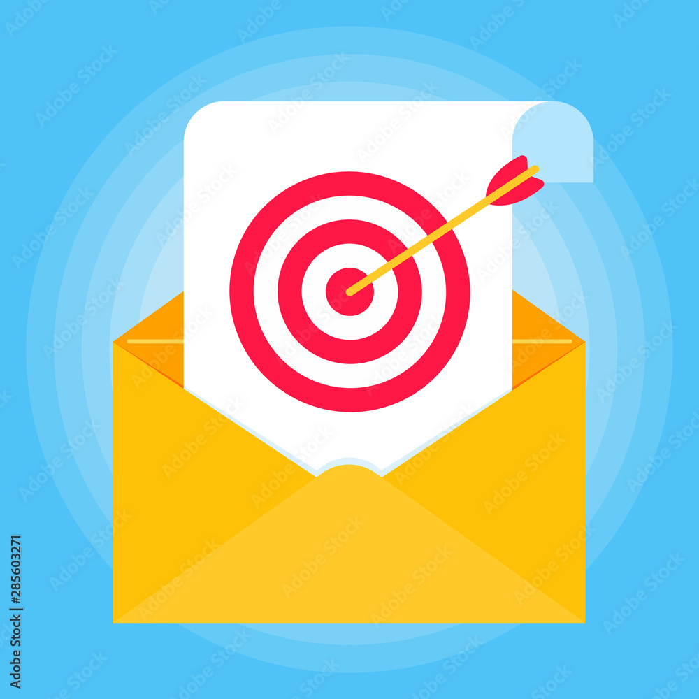 Poster open envelope with document paper sheet page, target icon sign vector illustration. symbol of email 