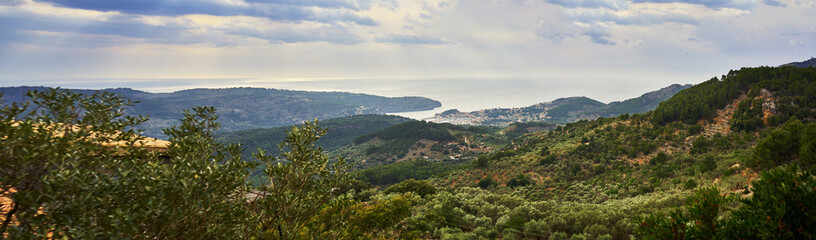 Fototapeta na wymiar Aerial Panoramic View Of Soller Majorca Spain On A Cloudy Day