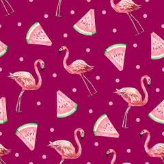 Watercolor tropical mood seamless pattern. Illustration with flamingo and summer fruit for the textile fabric or wallpaper