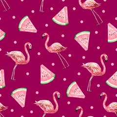 Fototapete Flamingo Nahtloses Muster der tropischen Stimmung des Aquarells. Illustration mit Flamingo und Sommerfrucht für den Textilstoff oder die Tapete