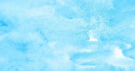 Aquarelle painted paper textured canvas for vintage design, invitation card, template. Light blue sky shades color watercolor illustration, creative background, smeared turquoise frame