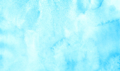 Aquarelle painted paper textured canvas for vintage design, invitation card, template. Light blue sky shades color watercolor illustration, creative background, smeared turquoise frame