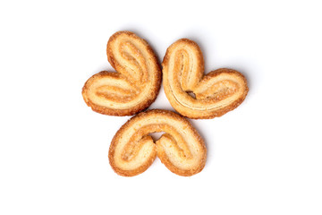 Palmier cookies or puff pastry ears isolated on white background.