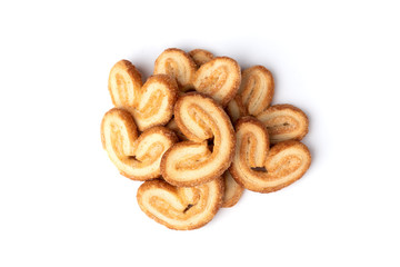 Palmier cookies or puff pastry ears isolated on white background.