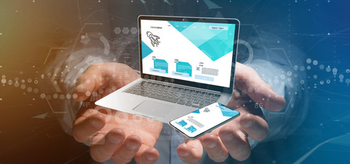 Businessman holding a Laptop and a smartphone - 3d rendering