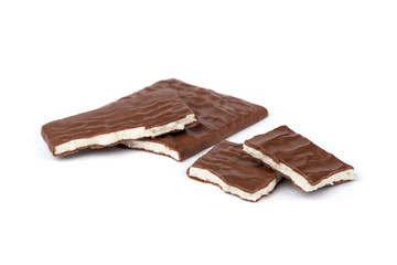 Chocolate bar with coconut filling isolated on white background.