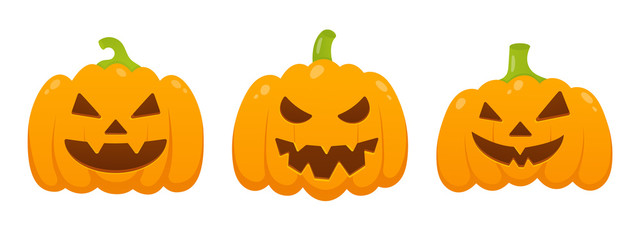 3 orange halloween pumpkins set with scary face expression grimace flat style design vector illustration isolated on white background.