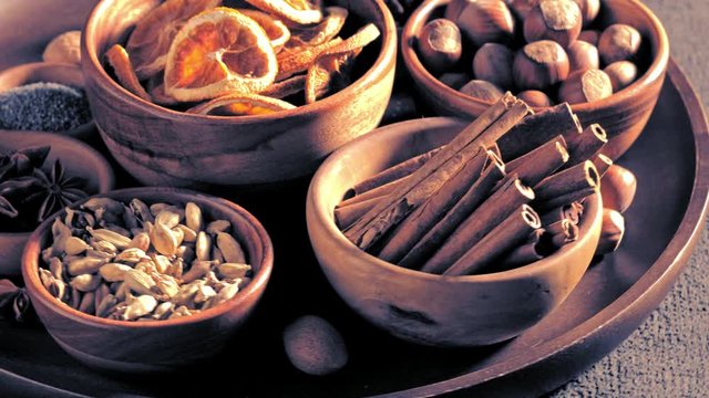 Closeup of Christmas spices in bowls on the table