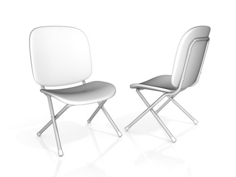 Two folding chair with white seat and back. 3d illustration