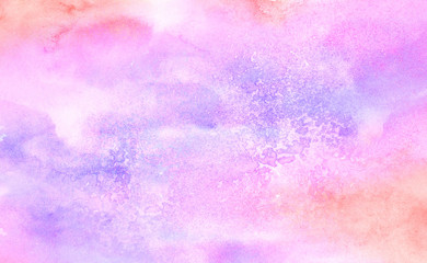 Smeared smooth bright purple and soft pink watercolor brush drawn background. Grunge light pastel colors ink glow aquarelle smudge illustration. Paper textured pattern for vintage design, retro card