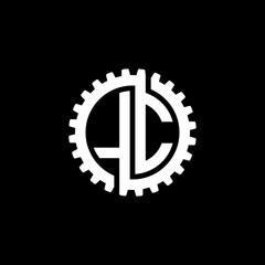 Initial letter L and C, LC, interlock cogwheel gear monogram logo, white color on black background