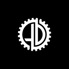 Initial letter L and D, L and O, LD, LO, interlock cogwheel gear monogram logo, white color on black background