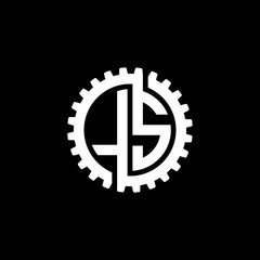 Initial letter L and S, LS, interlock cogwheel gear monogram logo, white color on black background