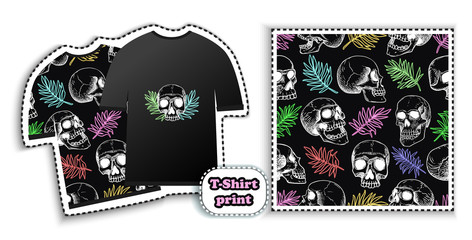 Human skulls, palm leaves seamless pattern for t-shirt prints. Print for clothes, textiles, bags or postcards, covers, paintings..