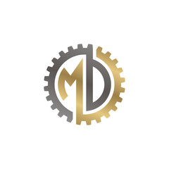 Initial letter M and D, M and O, MD, MO, interlock cogwheel gear logo, black gold on white background